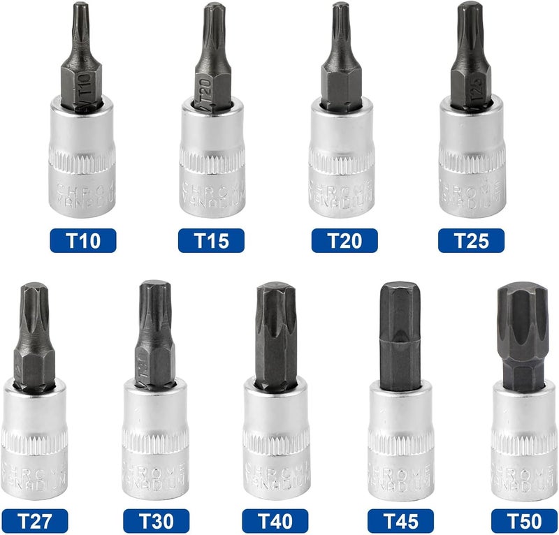 DAZCOS Torx Bit Socket Set, 1/4" Drive, 9 Pieces Star Bit Socket Set, T10 - T50, S2 Alloy Steel Bit and CR-V Drive Socket - Image 3